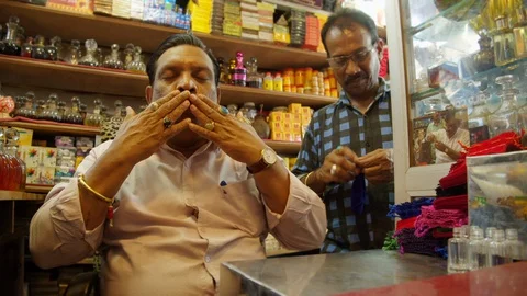 Famous indian perfumer Ramakrishna creates a unique perfume. Mapusa, Goa Stock Footage 129139398