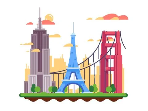 Famous landmarks flat design Illustrazione stock