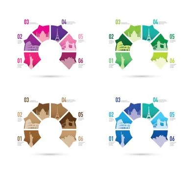 Famous landmarks on a pie chart set Stock Illustration