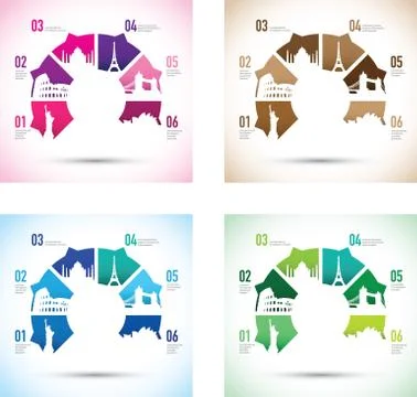 Famous landmarks on a pie chart set 스톡 일러스트