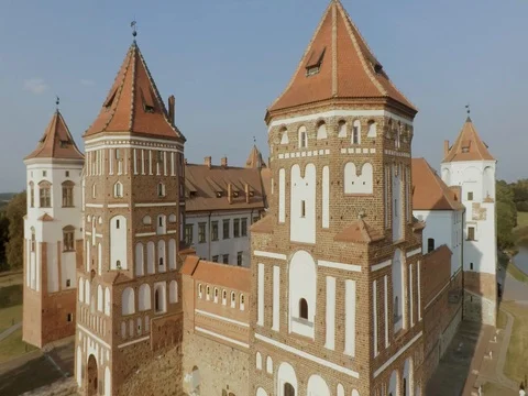 The Famous Mir Castle Complex In Belarus. Aerial shoot. Stock Footage