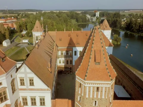 The Famous Mir Castle Complex In Belarus. Aerial shoot. Stock Footage 81285458