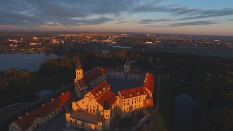 Famous mir castle in sunset sun light aerial panorama 4k belarus Stock Footage