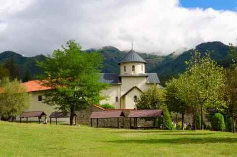 Famous monastery of Moraca on background of mountains, Montenegro 스톡 사진