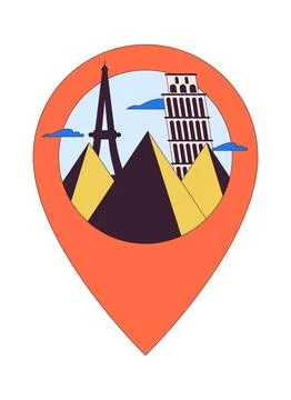 Famous monuments pin location 2D linear cartoon object Stock Illustration