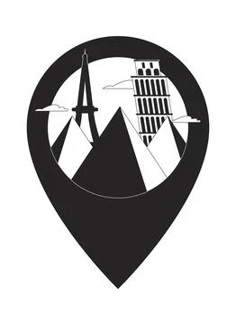 Famous monuments pin location black and white 2D line cartoon object Stock Illustration