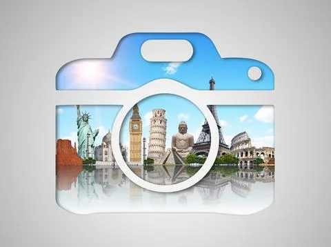 Famous monuments of the world in a camera icon Stock Photos