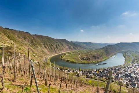 The famous Moselle river loop in Bremm, Germany seen from the Calmont vineyar Stock Photos