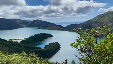 Famous mountains Lagoa Das Sete Cidades lake seen, tropical island nature Stock Footage 240941087