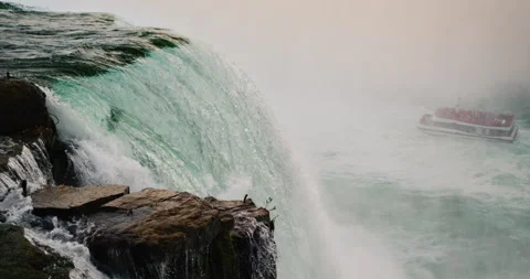 The famous Niagara Falls, far below sails a ship with tourists. Sights of Stock Footage 249877902