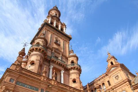 Famous North Tower (Torre Norte) at Plaza de Espana, Sevilla, Spain Stock Photos