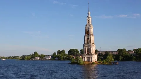 Famous old bell tower standing in the Volga River in the Kalyazin city in Russia Stock-Footage 67255575