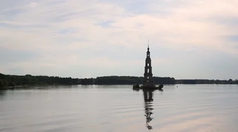 Famous old bell tower in town of Kalyazin Video stock 66438423
