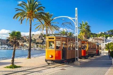 The famous orange tram runs from Soller to Port de Soller, Mallorca, Spain Stock Photos