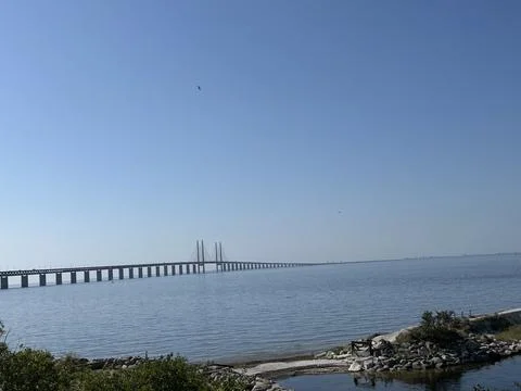 Famous Oresund link between Malmo and Copenhagen, wide view. Stock Photos