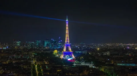 Famous paris eiffel tower blue light roof top panorama 4k time lapse france Stock Footage 56737000