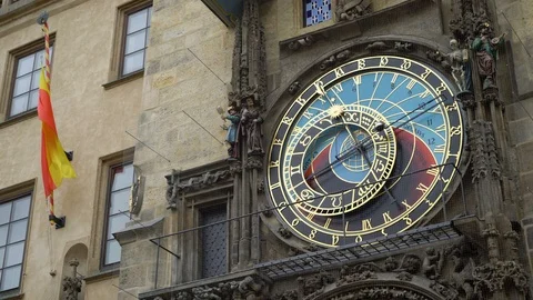 Famous Prague astronomical clock, the old Atomic clock in the Czech capital Stock Footage 106078333