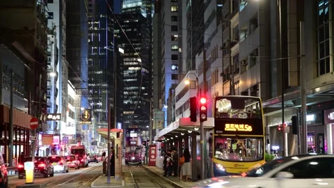 The famous Public Trams, Central financial district Hong Kong, China. Stock Footage 164085196