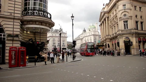 Famous red double-decker and telephone box in London Stock Footage 41784975
