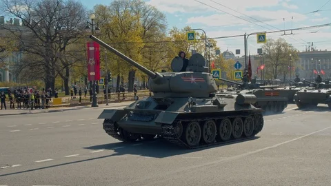 The famous Russian T-34 tank begins a parade of military equipment. Stock Footage