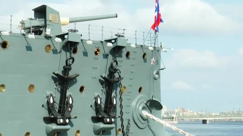 The famous ship at the granite pier on the Neva river embankment. Stock Footage 340558265