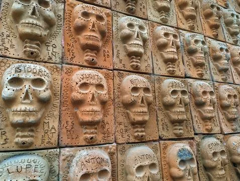 Famous Skull wall comemorating lost family members in Ajijic Stock Photos