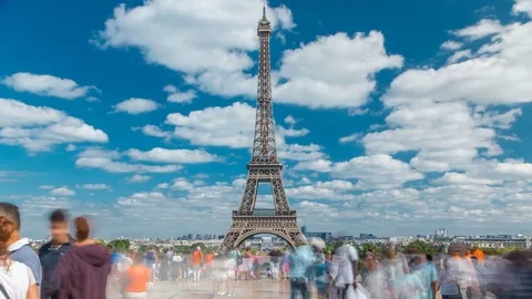 Famous square Trocadero with Eiffel tower in the background timelapse. Stock Footage