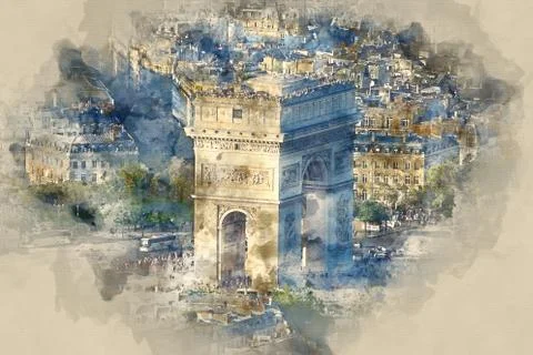 Famous Triumphs Arch called Arc de Triomphe in Paris - aerial view Illustrazione stock