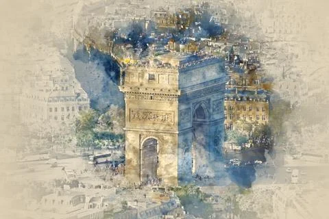 Famous Triumphs Arch called Arc de Triomphe in Paris - aerial view Stock Illustration