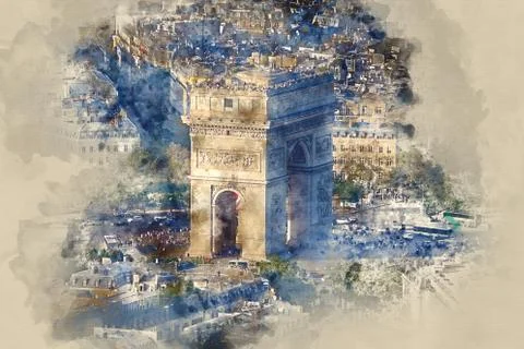 Famous Triumphs Arch called Arc de Triomphe in Paris - aerial view Stock Illustration