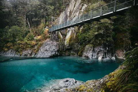 Famous turist attraction - Blue Pools, Haast Pass, New Zealand, South Island Stock Photos