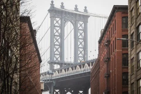 The famous view of the Manhattan bridge at Dumbo in the streets of Brooklyn Stock Photos