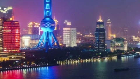Famous view of Shanghai skyscrapers and Huanpu river Stock Footage 82344341