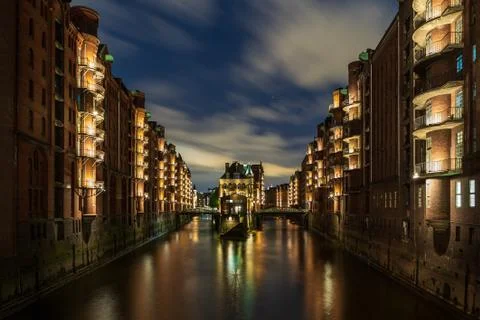 The famous Wasserschloss in Hamburg by night, beautiful reflections and lights Stock Photos