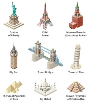 Famous world landmarks vector isometric high detailed isolated icons Stock Illustration