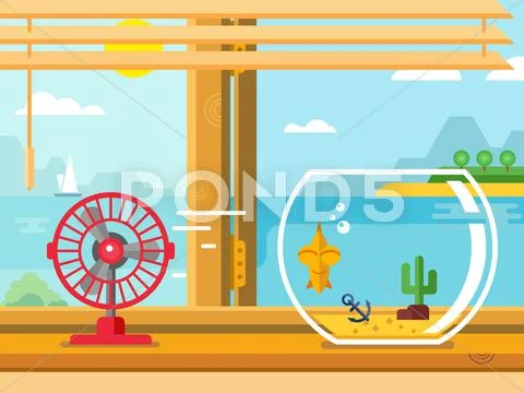 Fan and Aquarium on Windowsill Next to Open Window Stock Illustration