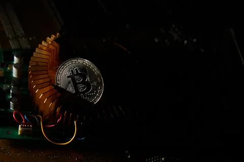 A fan with a bitcoin on it sits on a computer chip..cryptocurrency, bitcoin.. Stock Photos