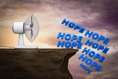 Fan blows hope on edge cliff demonstrating lost hope concept. 3D illustration Stock Illustration