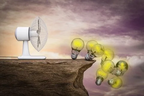 A fan blows Light bulbs on cliff at sunset magenta day. Stock Illustration