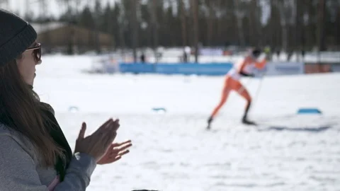 Fan cheering in skiing competition. Winter olympics or world championship. Stock Footage 123773452