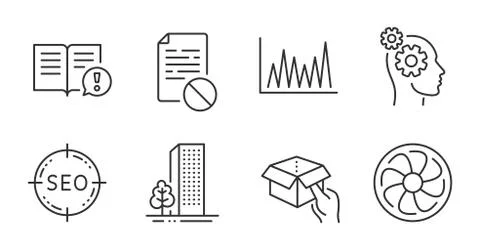 Fan engine, Line graph and Hold box icons set. Thoughts, Facts and Wrong file 스톡 일러스트
