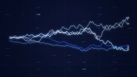 Fan Of Navy Blue Benchmark Index Curves Diverging Sideways Across A Data Grid 스톡 동영상 343078736