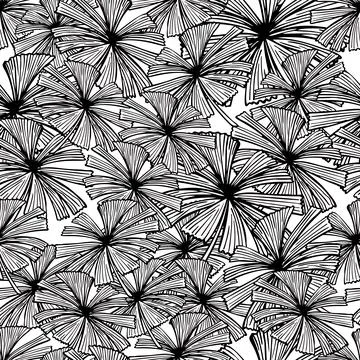 Fan palm leaves seamless pattern on. Vintage foliage of palmetto in engraving Illustrazione stock