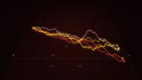 Fan Of Red And Amber Benchmark Index Curves Diverging Downward Across A Data Stock Footage 343205953