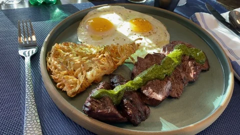 Fancy brunch barbecue meat and eggs 4K Stock Footage 121472932