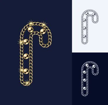 Fancy candy cane made of jewelry gold chains, shiny ball beads. Stock Illustration