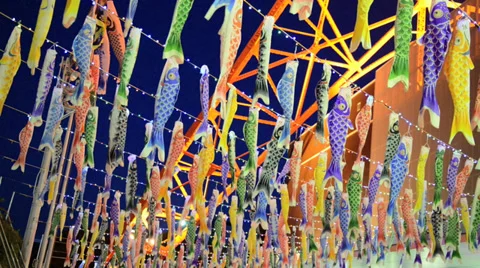 Fancy carp flags underneath the Tokyo tower, Tokyo Japan Stock Footage 39152737