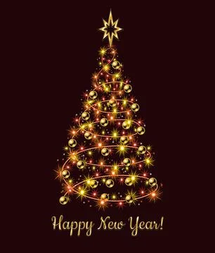 Fancy christmas tree made of festive colorful garland, gold balls Stock Illustration