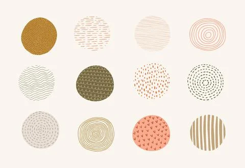 Fancy circles set. Hand drawn doodle textured and patterned elements. Stock Illustration