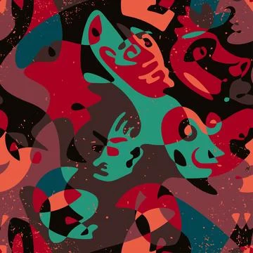 Fancy different faces, continuous line seamless pattern. Vector イラスト素材